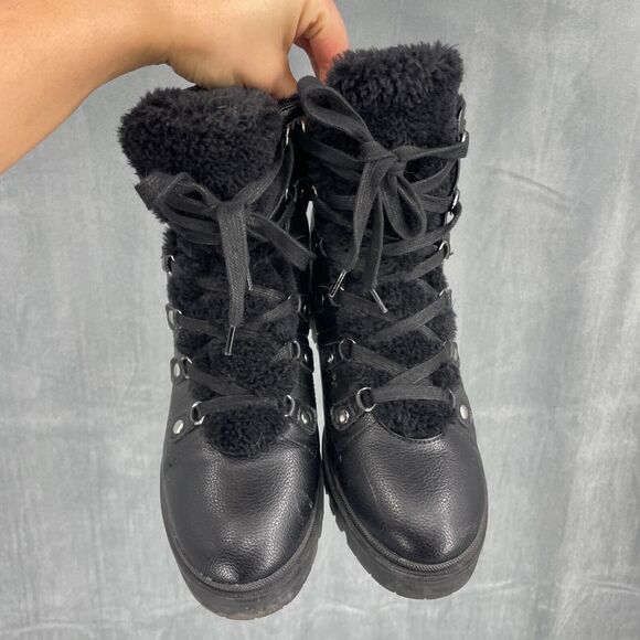 Nine West Vegan Boots Womens 8.5 Faux Fur Block Heel Black Lace Up - Picture 2 of 8